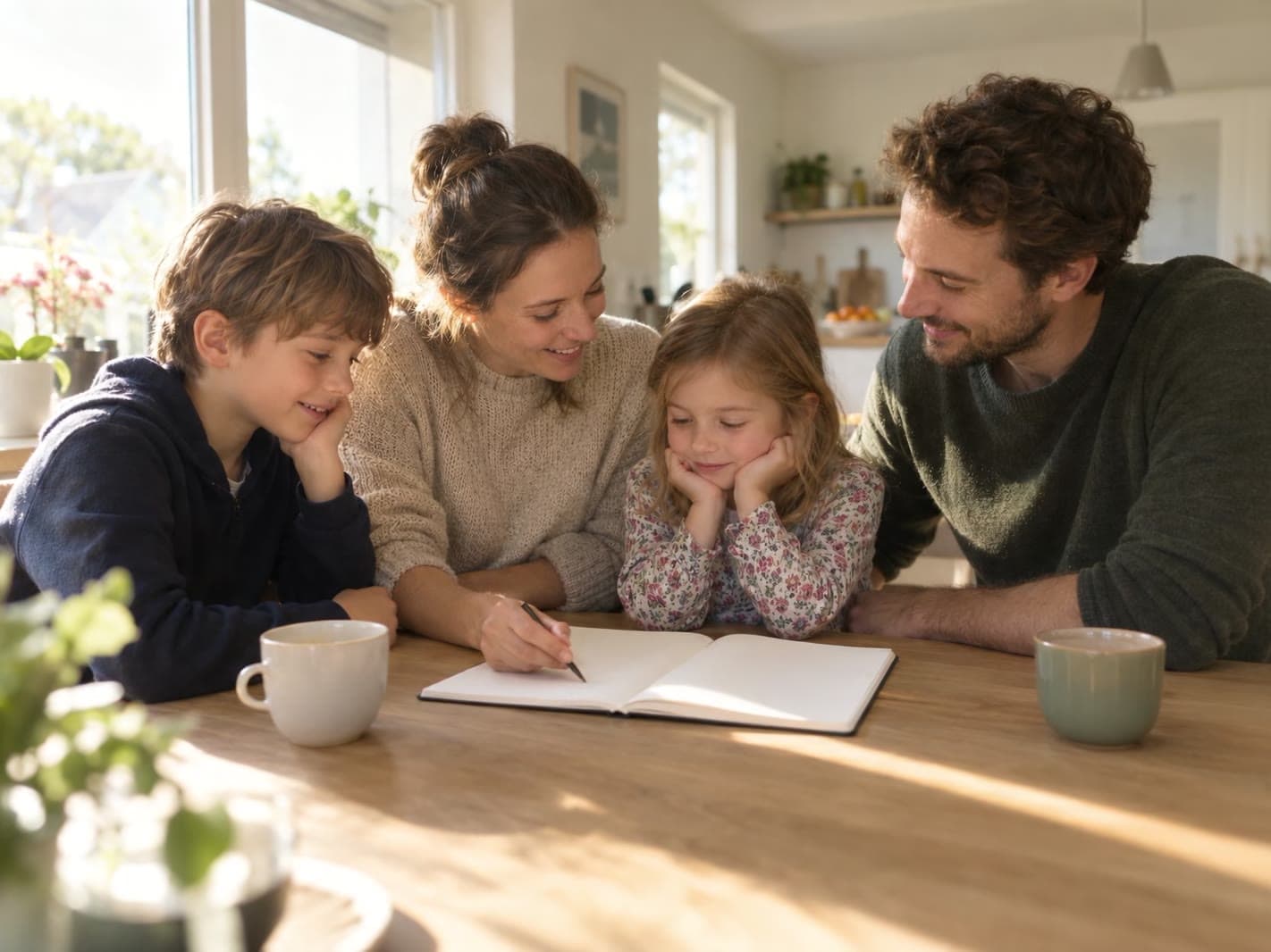 Familie plant gemeinsam am sonnigen Küchentisch